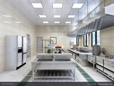 現代酒店后廚3D模型效果圖賞析 冰箱、洗手臺、油煙機與爐灶的完美設計